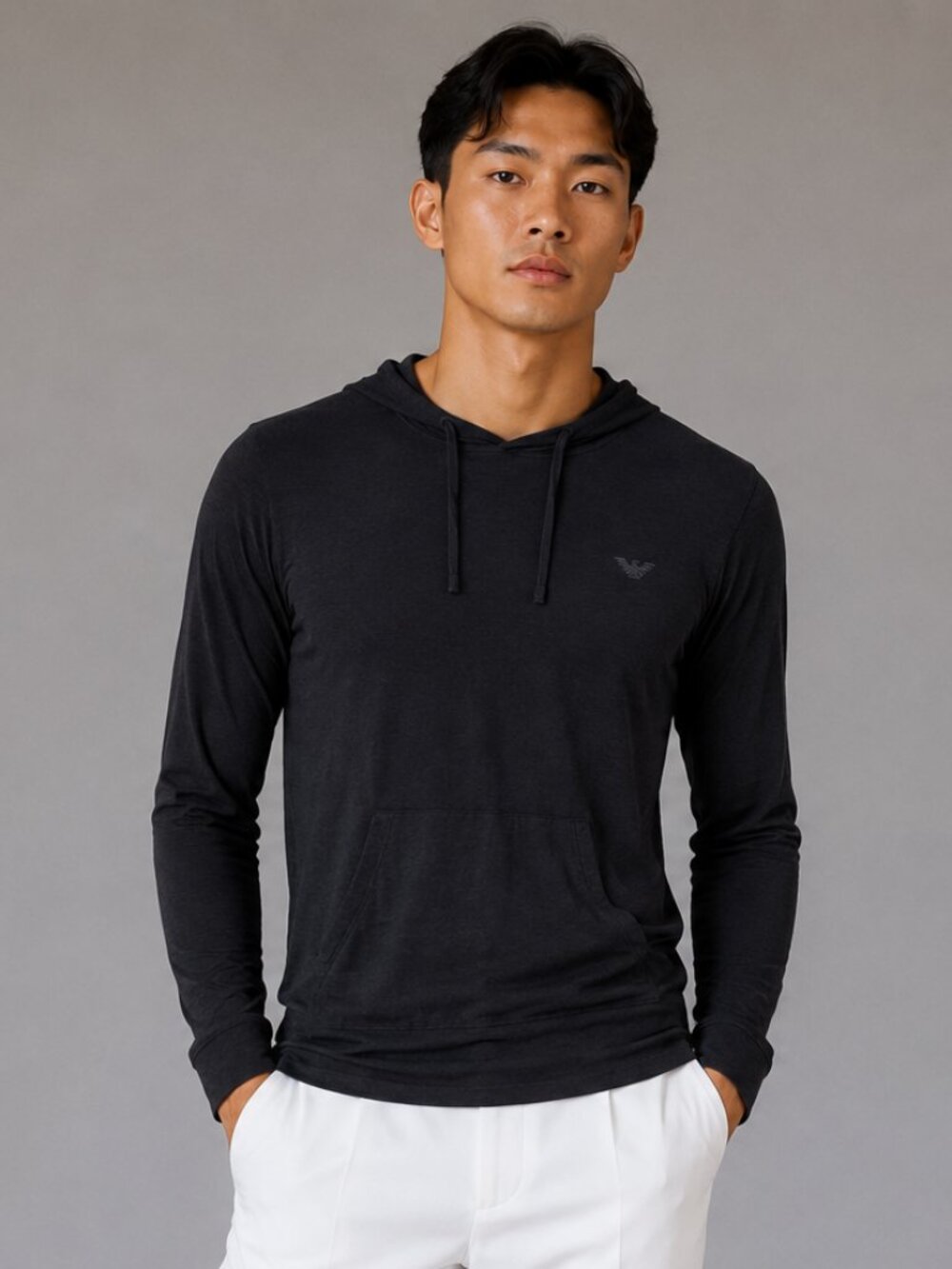 Wool Emporio Armani M/S Pullover Hoodie black Slim Fit Sweater Logo LN/NWOT